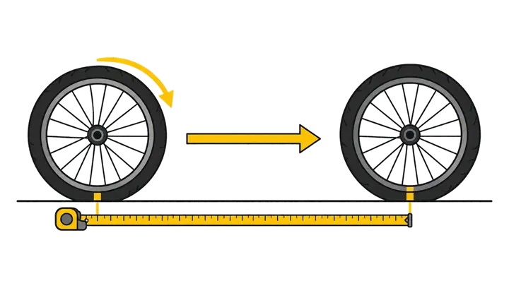 自転車の車輪を床の印から1回転転がし、進んだ距離をメジャーで測る図